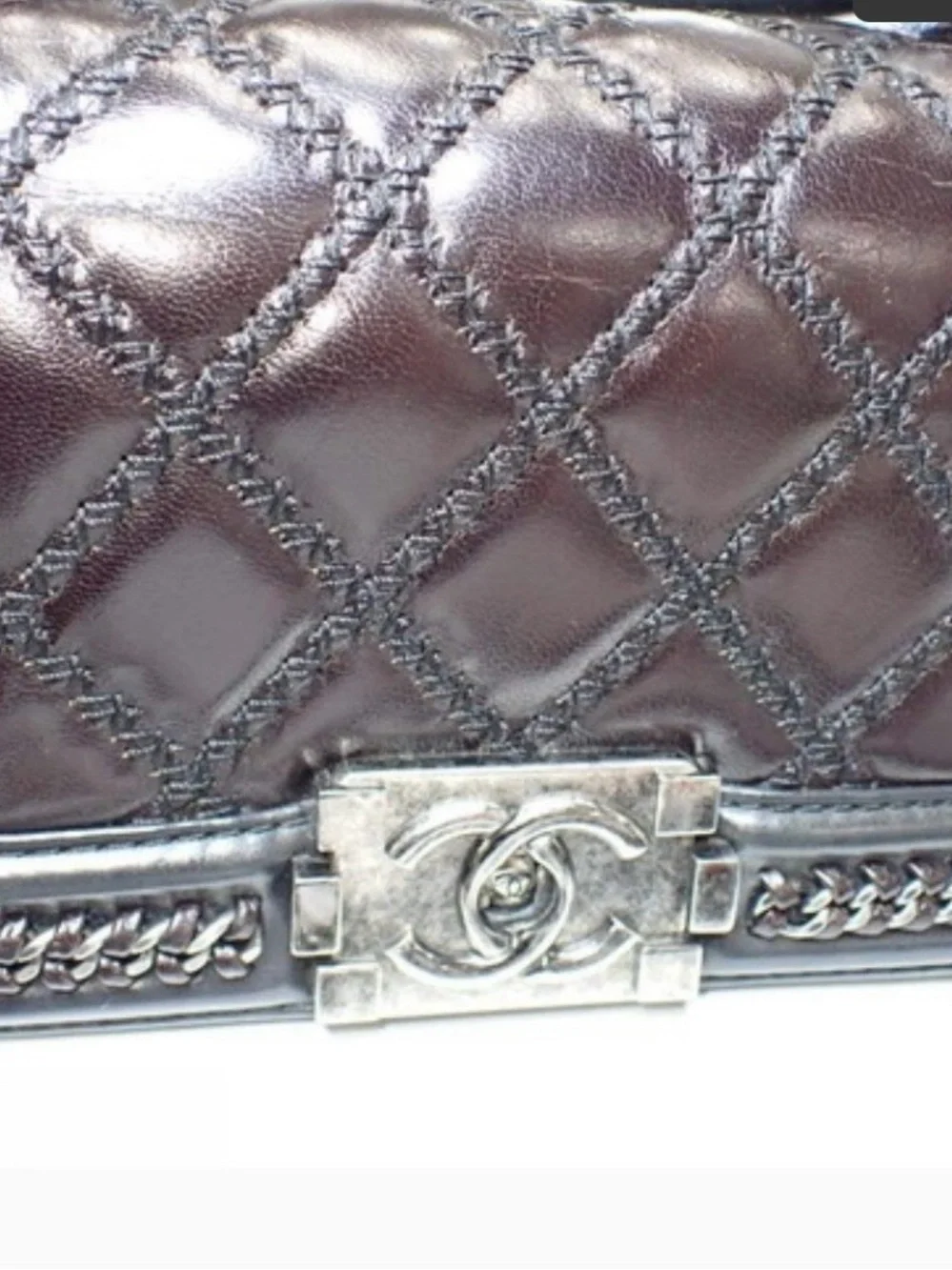 CHANEL Boy 2-Way Chain Shoulder Bag Black Brown Quilted Top Handle 8”